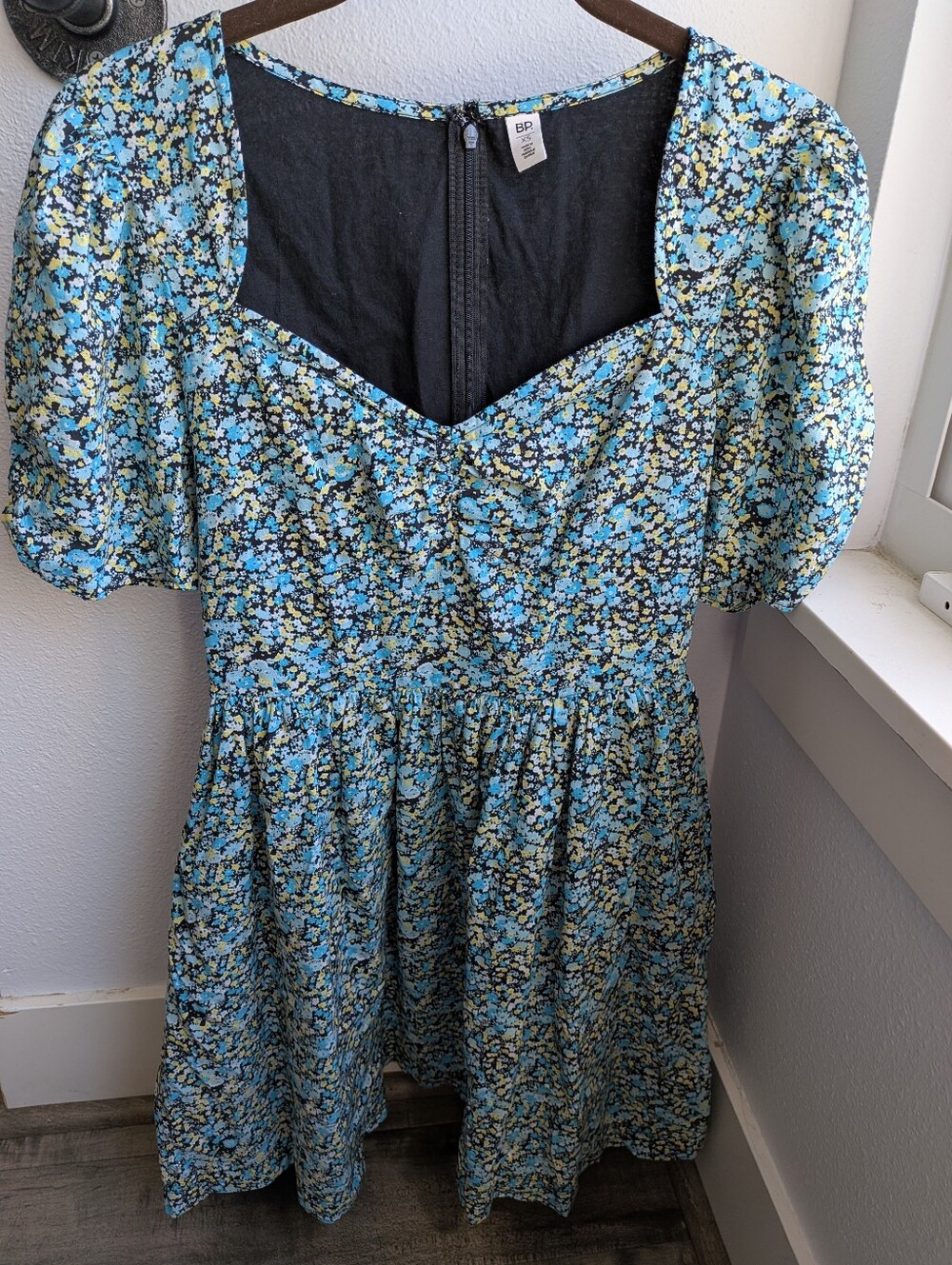 BP Nordstrom Ditsy Floral Sweetheart Puff Sleeve Mini Dress Blue Yellow Size XS
